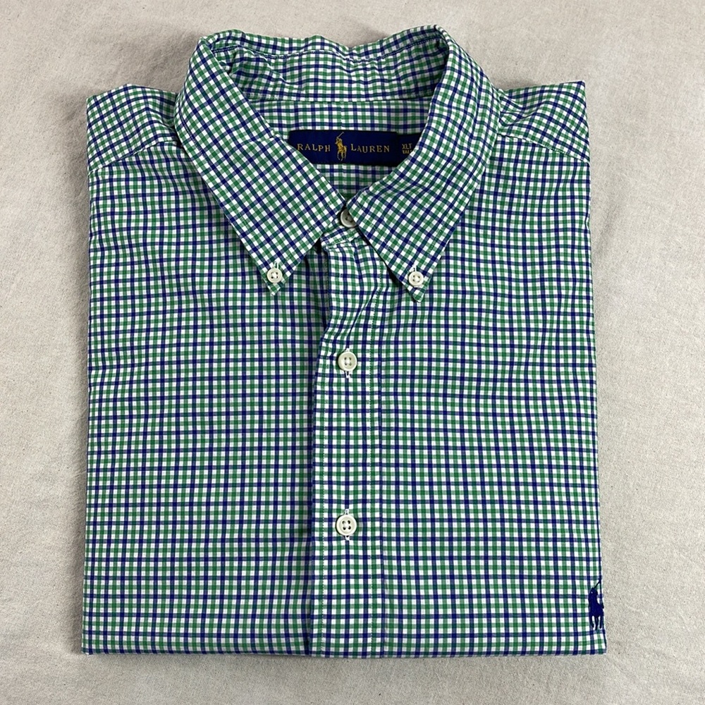 Ralph Lauren Shirt Mens Extra Large XL Tall Green Blue Short Sleeve Button Down